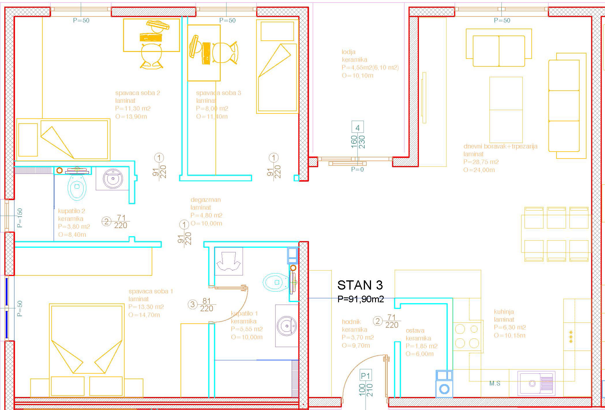 Stan broj 3 - Lamela 02 - Površina 91,90m2